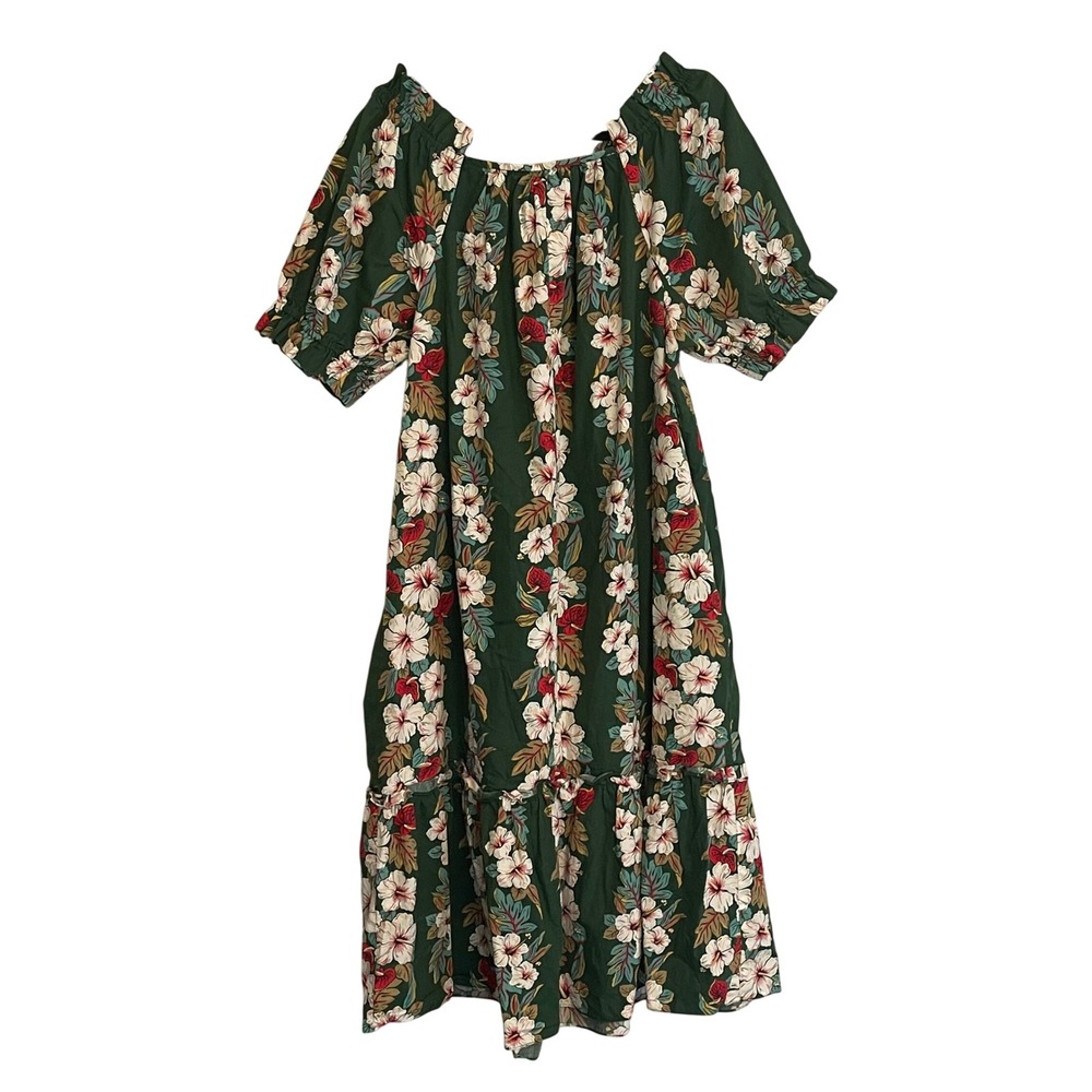Tamare Hawaiian Islands Vintage Green Floral Muumuu Dress XL Cotton Made in USA - Picture 2 of 8